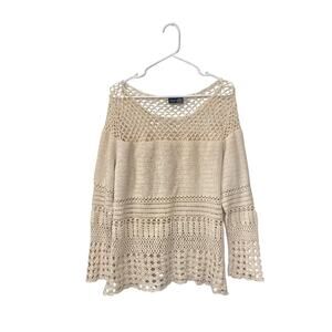 VTG Y2K Cream Crochet Long Sleeve Top Side Slits Size XL Boho Cottagecore